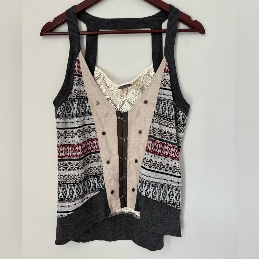 BKE Large, Fair Isle Style, Fish Hook Clip Cardigan Tank Top, Lace Back, Block